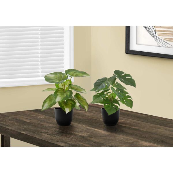 Black Green 13-Inch Indoor Table Potted Decorative Monestra Artificial Plant, Set of Two, image 2